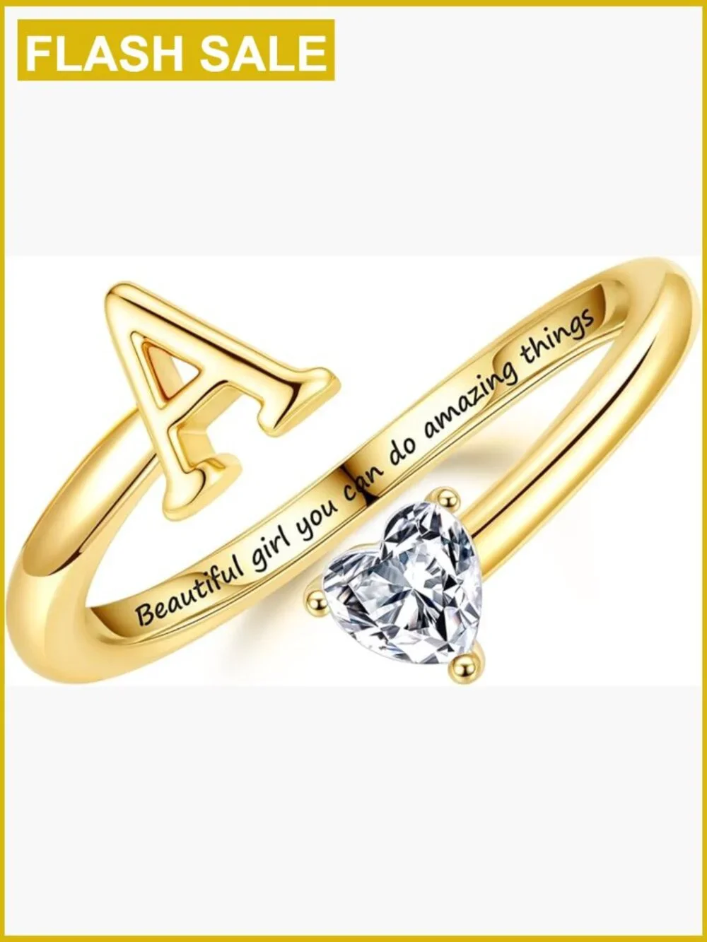 Adjustable Letter A-Z Ring with Heart Zirconia